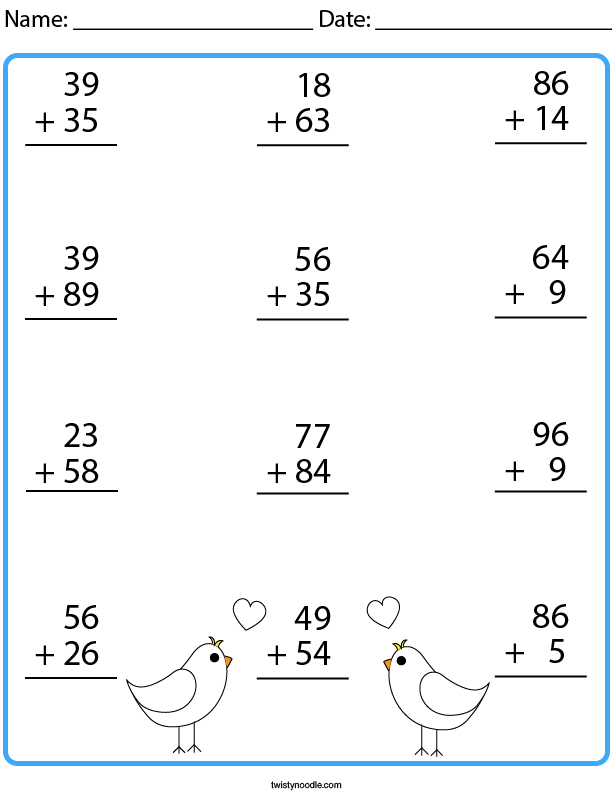 2 Digit Addition Without Carrying Worksheets